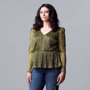 Simply Vera Vera Wang Gold Sheer Long Puff Sleeves Peplum Top Size S NYE Blouse